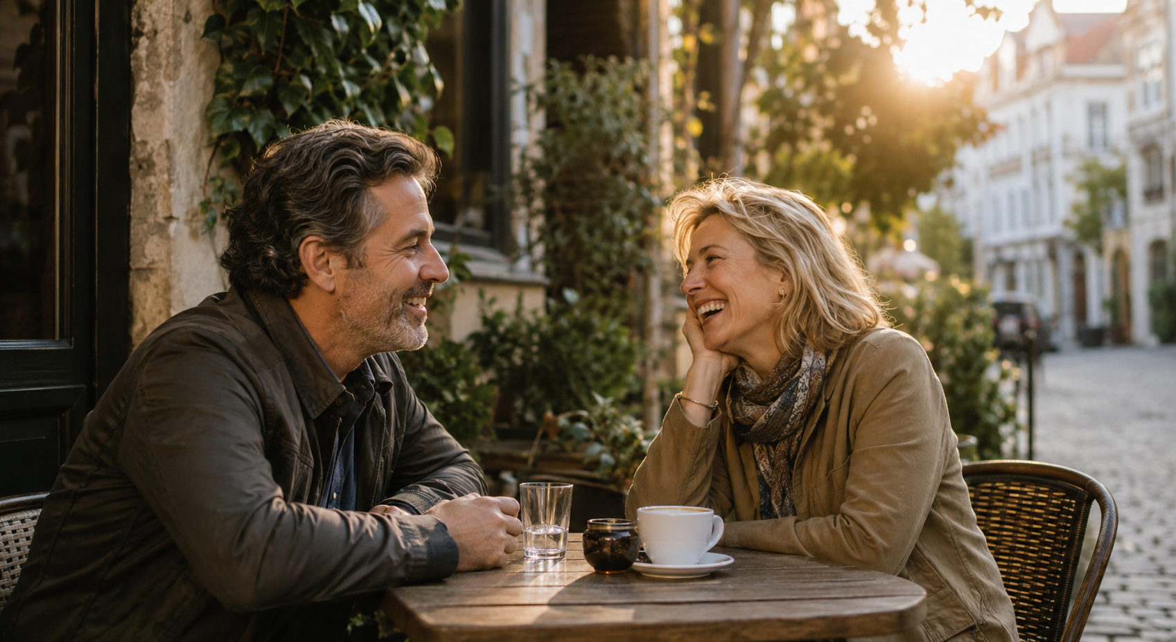 A couple in their forties sharing a warm conversation at an outdoor café