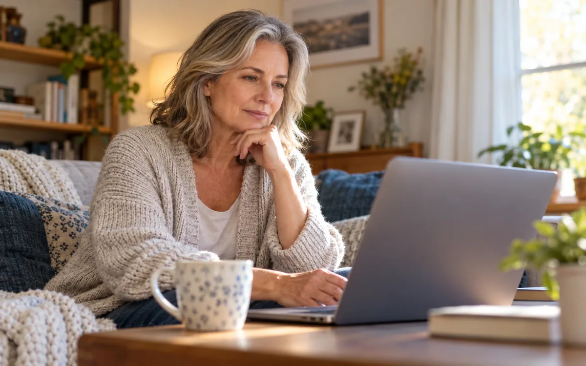 A mature woman thoughtfully reviewing an online conversation at home