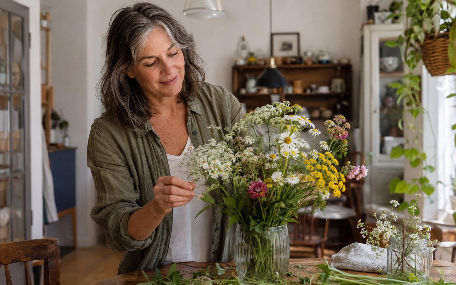 A mature woman arranging fresh flowers in a warm, lived-in room