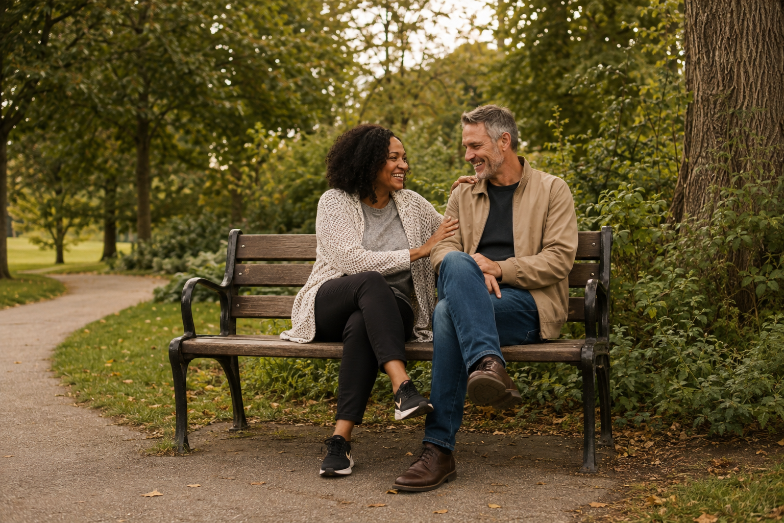 A mature couple sharing a playful conversation on a park bench