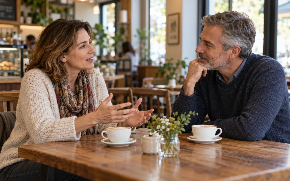 Two mature adults having an open conversation over coffee